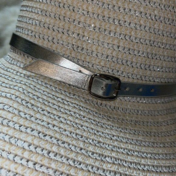 August Hats company straw Hat with silver metallic leather belt large summer‎